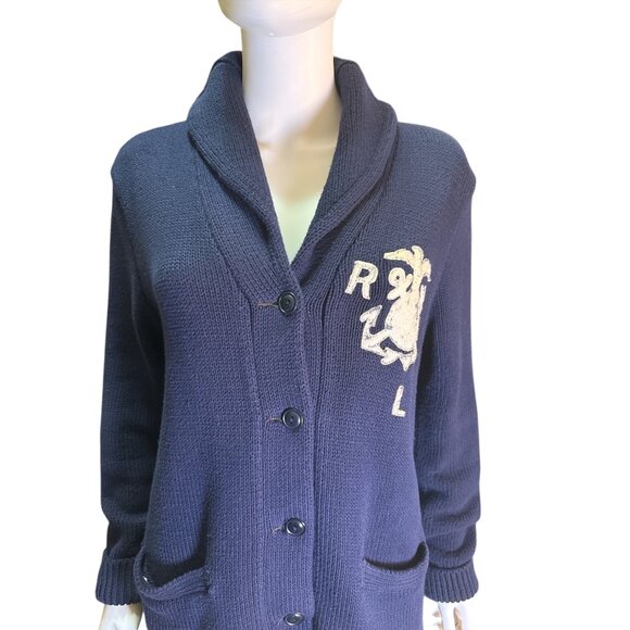 Polo Ralph Lauren Navy Blue Cardigan Sweater Anchor Logo Patch Mens Sz M EUC - Picture 3 of 9